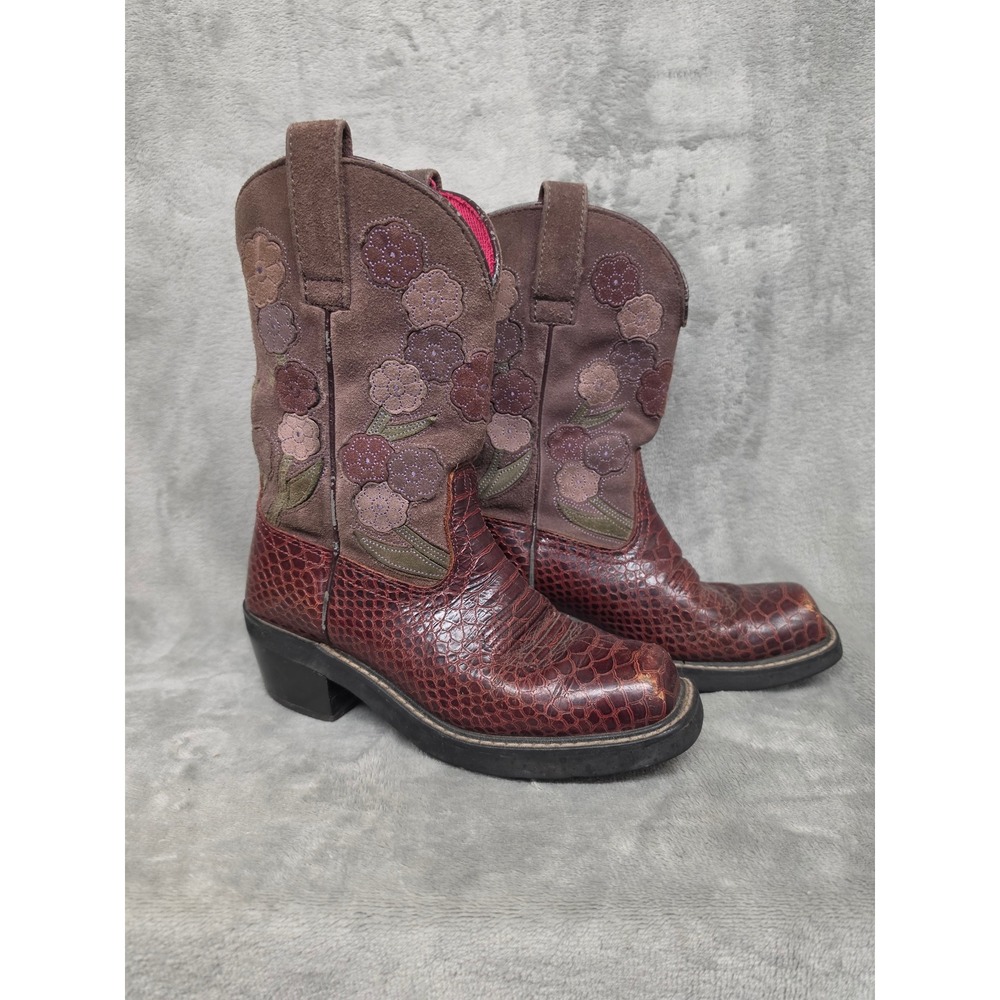 Ariat Fatbaby Kids Brown Suede Floral Faux Snakeskin Western Boots 16263 6.5B